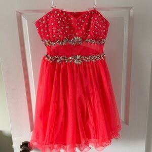 Girls Strapless Beaded Neon Pink Party Dress